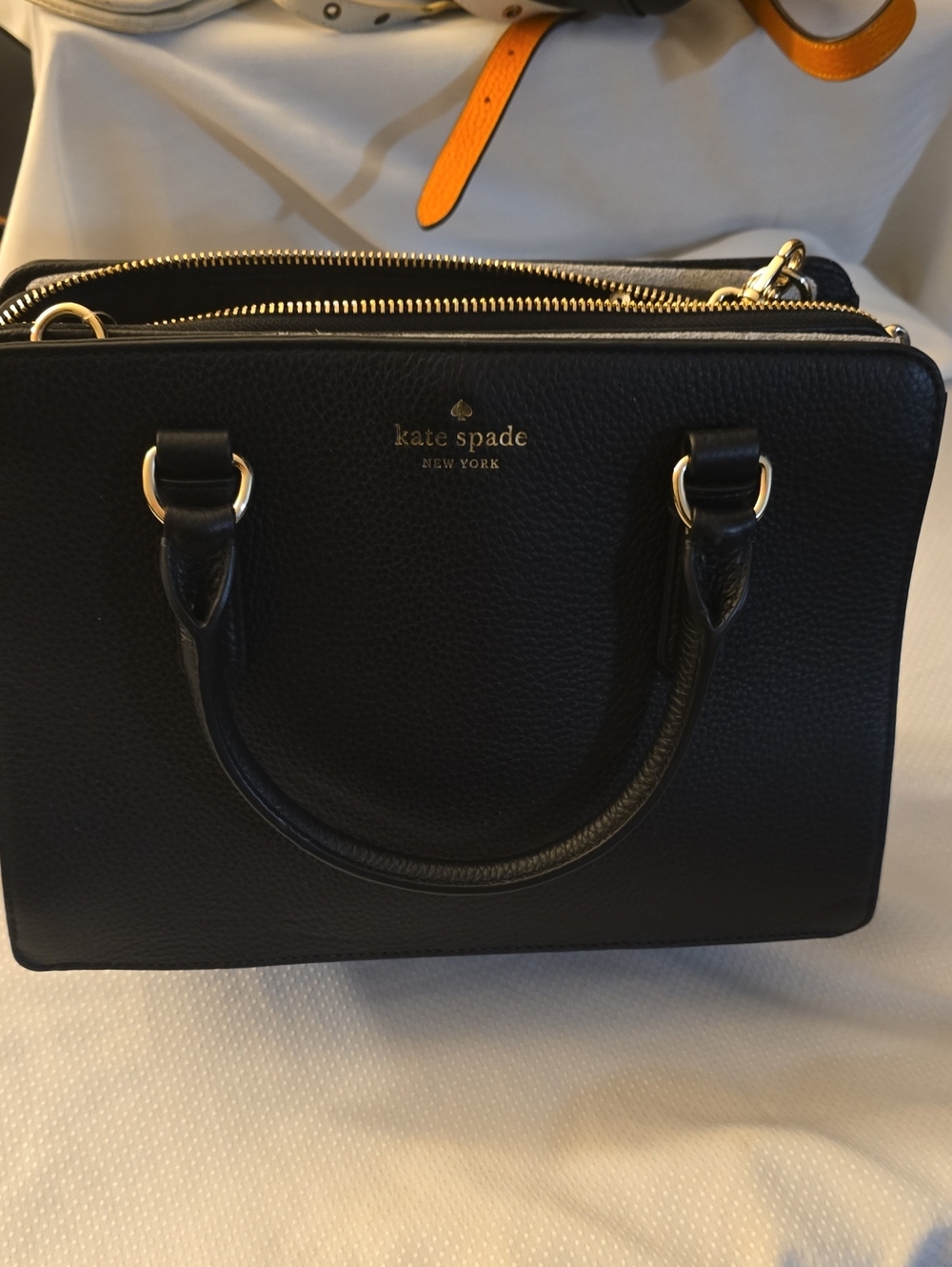 kate spade Black Leather Double-Zip Satchel with Gold Hardware